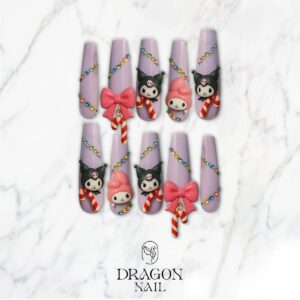 Kuromi & My Melody Christmas Press-On Nails – Lilac Long Coffin Shape, 3D Bows & Candy Cane Charms