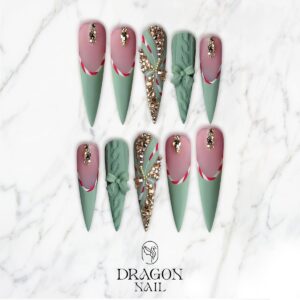 Mint Green Candy Cane Christmas Press-On Nails – Matte & Rhinestone Holiday Design, Extra Long Stiletto Shape